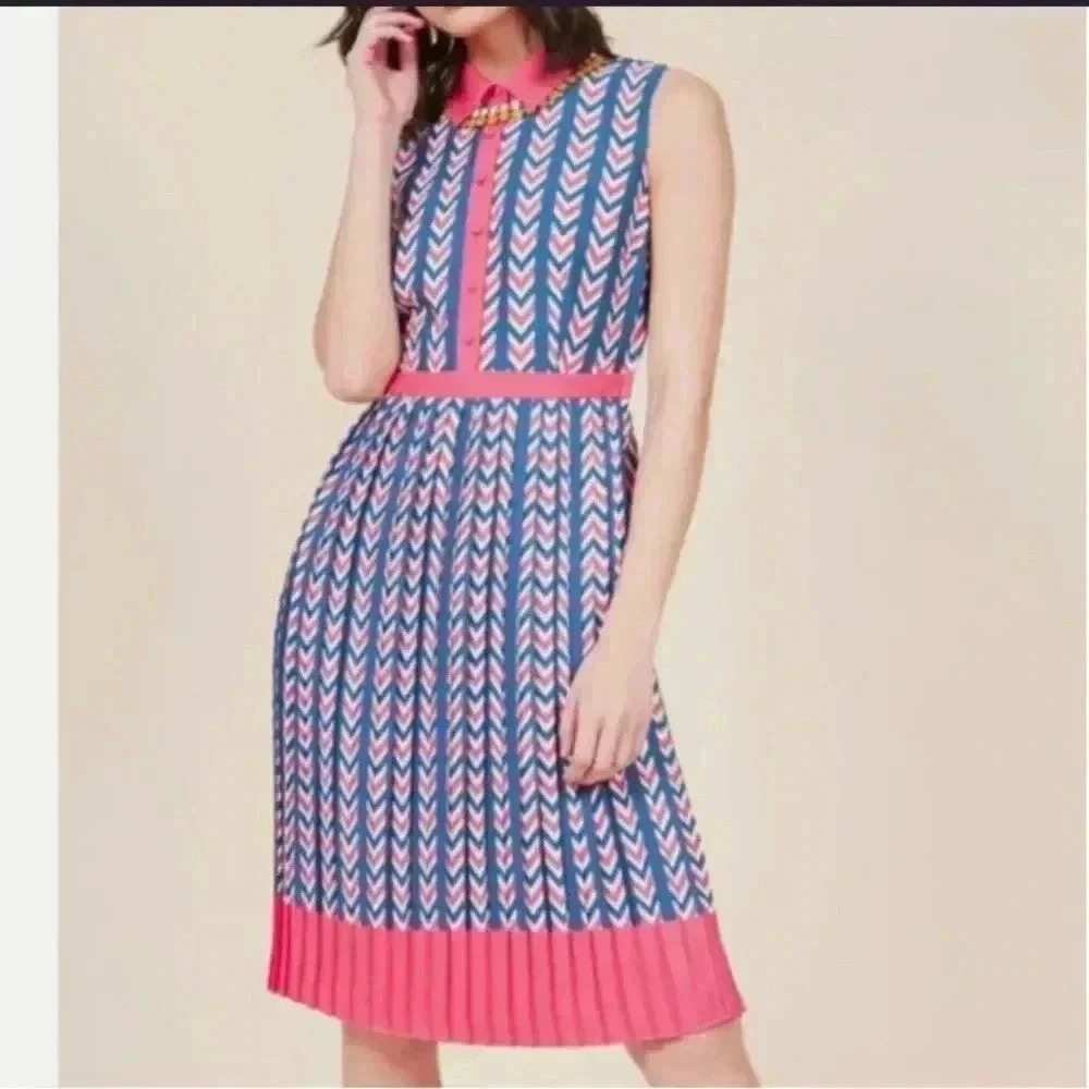 ModCloth blue pink white chevron retro pleated collared midi dress